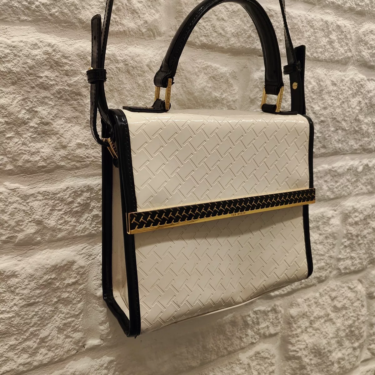 TED BAKER Womens White Black Faux Patent Shoulder Bag French