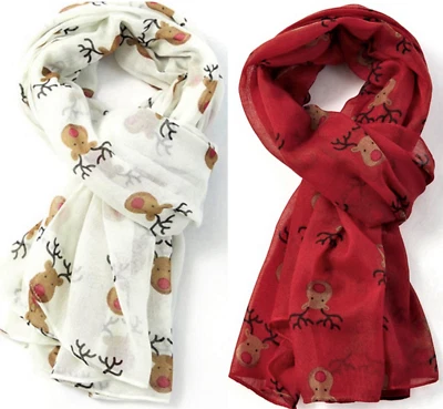 ANIMAL CRACKERS Christmas Scarf Rudolf Reindeer Red or Cream women novelty gift stocking filler