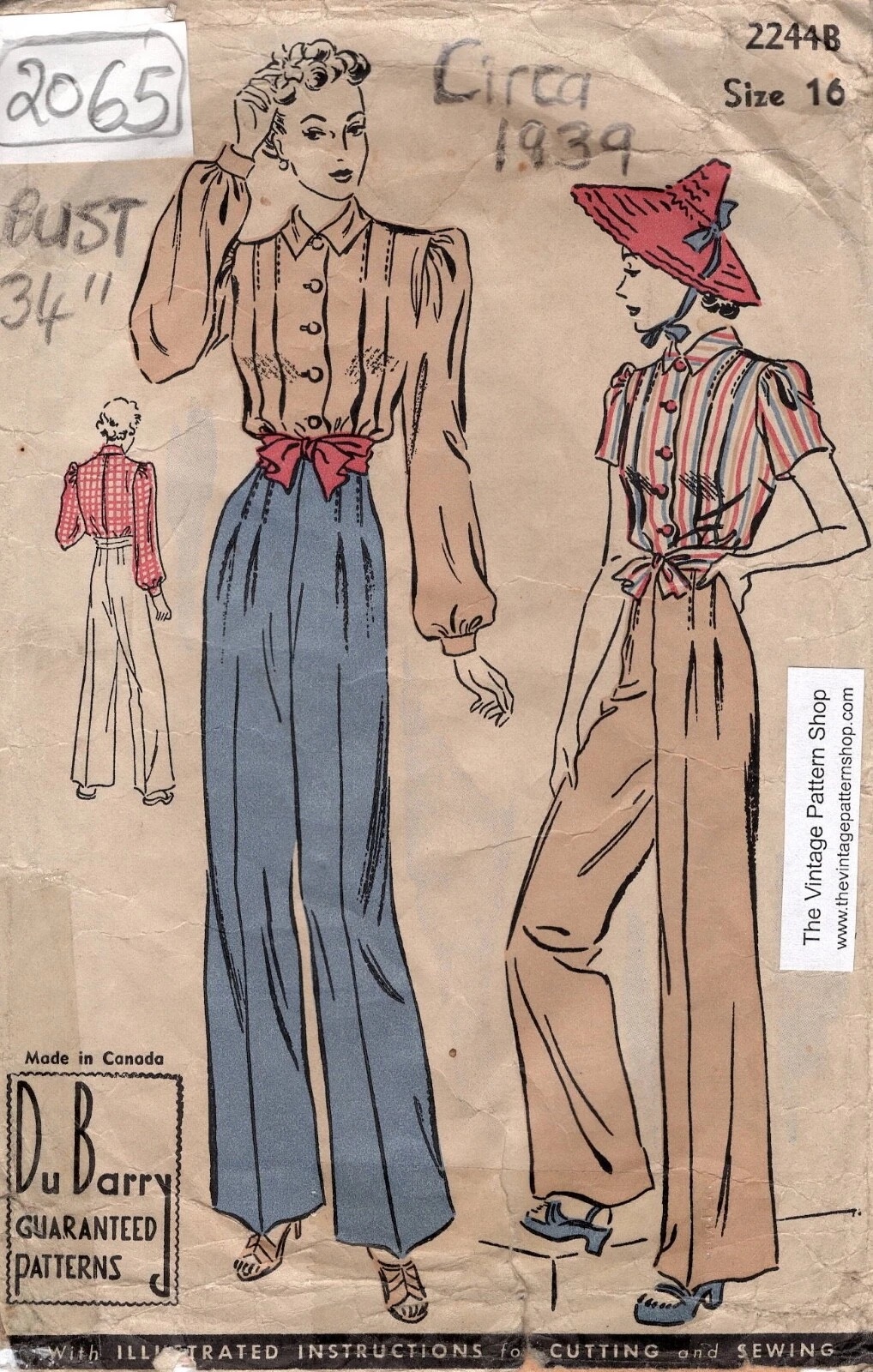 1939 Vintage Sewing Pattern B34in Slacks Pants Blouse (2065) Du Barry 2244B