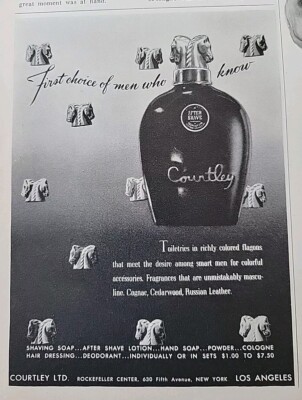 1945 Courtley cologne after shave bottle mens toiletries vintage ad