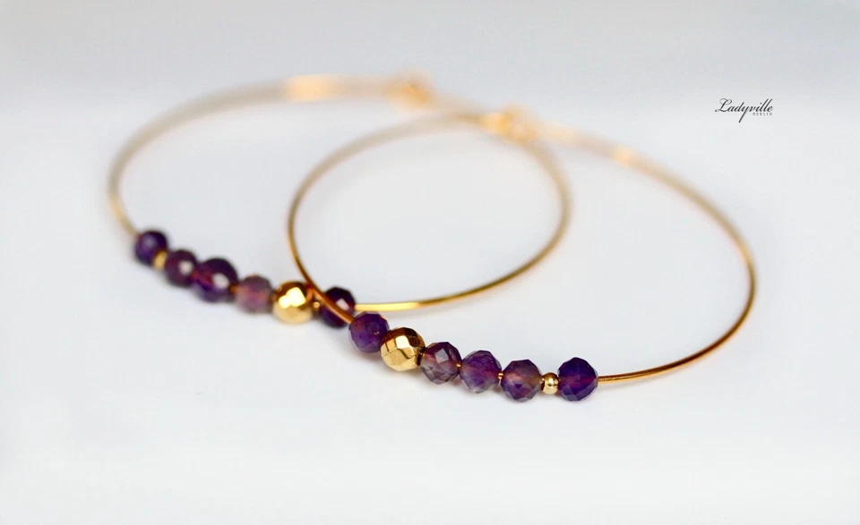 Creole Amethyst Perlen gold Geburtsstein Ohrringe Geschenk Frau Schwester - Bild 3 von 4