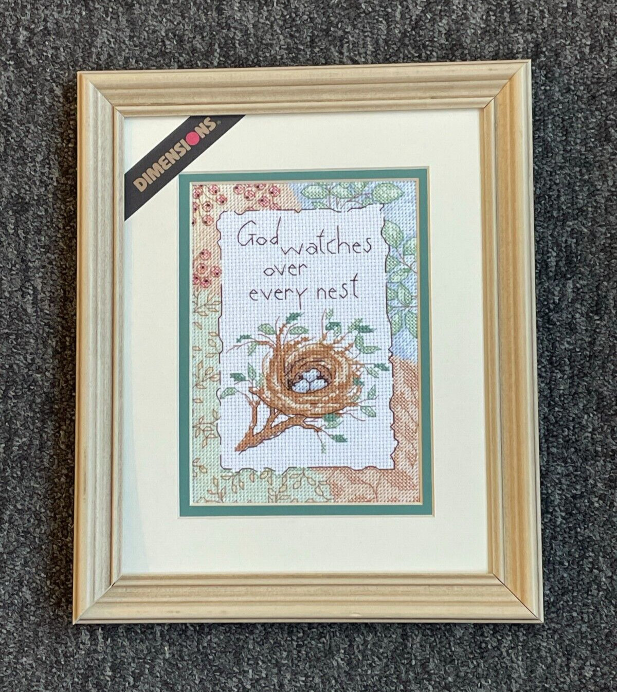 FRAMED COMPLETED CROSS STITCH: GOD WATCHES OUR NEST: 30 x 24cm (DAMAGED FRAME)