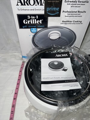 Aroma 3-in-1 Grillet - 3 Qt - White - Grill, Simmer, & Steam 