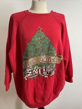 Vtg Merry Christmas 2X Red Glitter Tree Scene Hanes Her Way Ugly Sweatshirt