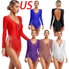 Women Leotards Cha Bodysuit Performance Dress Tassel Long Sleeve Dance Backless