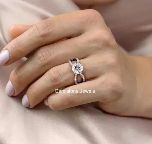 1.20 CT Round Moissanite Split Shank Pave Engagement Ring Solid 14K White Gold