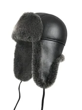 Aviator Trapper Ushanka Leather Shearling Sheepskin Fur Hat - Black