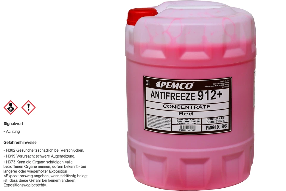 20 Liter PEMCO Frostschutz ANTIFREEZE 912+ Konzentrat Kühlflüssigkeiten rot - Bild 1 von 1