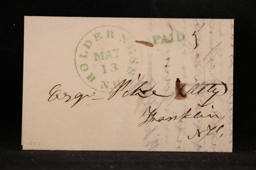 New Hampshire: Holderness (#1) 1853 Stampless Cover, Green CDS & PAID, Ms 5c