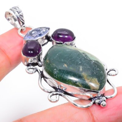 Nephrit, Amethyst Edelstein Unikat 925 Sterlingsilber Schmuck Anhänger 2,36'' C46
