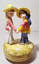 2 Girl Figurines Music Box Panda Prints Schmid 1975 "We Only Just Begun”