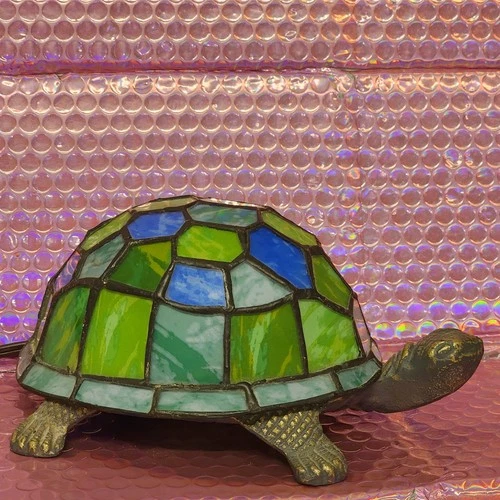 Vintage Tiffany Lamp Style Stained Glass Turtle Tortoise Light Works Metal Base