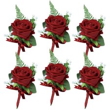 Red Boutonnieres With Pins For Men 6 PCS Groom Groomsmen Wedding Prom Rose