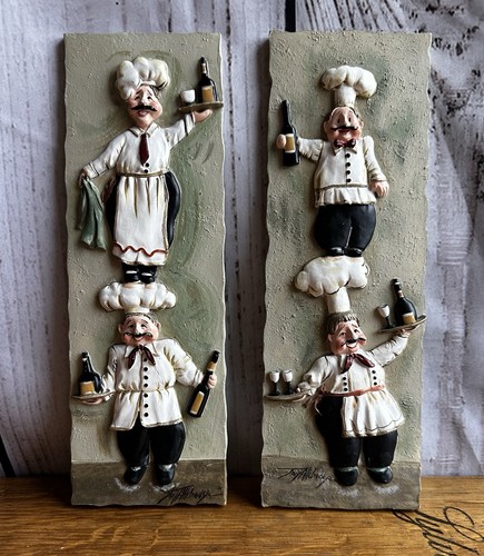 Joy Alldred Wall Plaque 3D Italian Chefs Balancing Act With Wine & Kitchen Tools