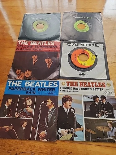 The Beatles Lot of 6 45 Vinyl Records w Picture Sleeves Capitol & Apple Records