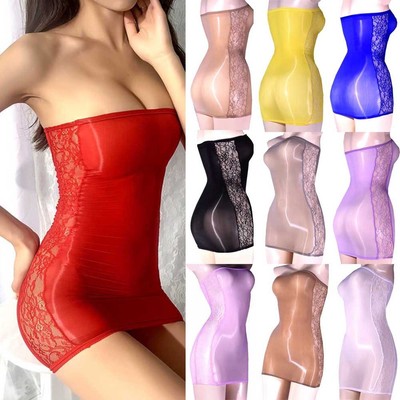 Stylisches Bodycon Kleid Spitze durchsichtig Design mit Öl glänzender Glanzstruktur