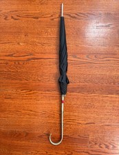 Vintage Black Nylon Umbrella Parasol Decorated Curve Handle Made in Japan