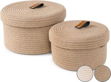 Set of 2 Decorative Storage Baskets with Lids - Round Woven Baskets for Home ...