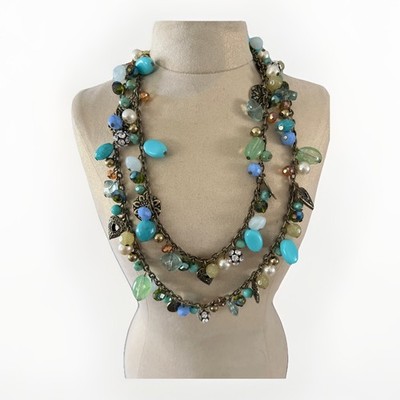 Premier Designs Jewelry Treasure Trove Charm Necklace Blue Green Gold Tone