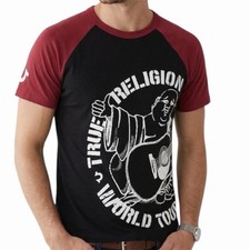 $79 TRUE RELIGION Negro Rojo PARTE BUDDHA Camiseta Raglán Diseñador Manga Corta Nueva con Etiquetas