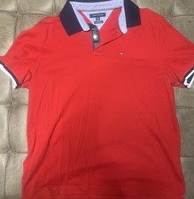Tommy Hilfiger Red Polo Shirt XL Custom Fit Navy Collar Men's Short Sleeve