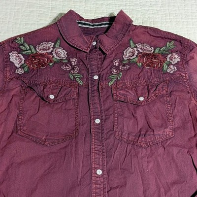 Affliction Button Up Shirt Women Small Purple Plum Floral Sparkle Cape Back Tail