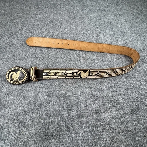VTG Y2K Handcrafted Leather Belt 34 Rooster Embroidered Buckle SouthWestern 90s