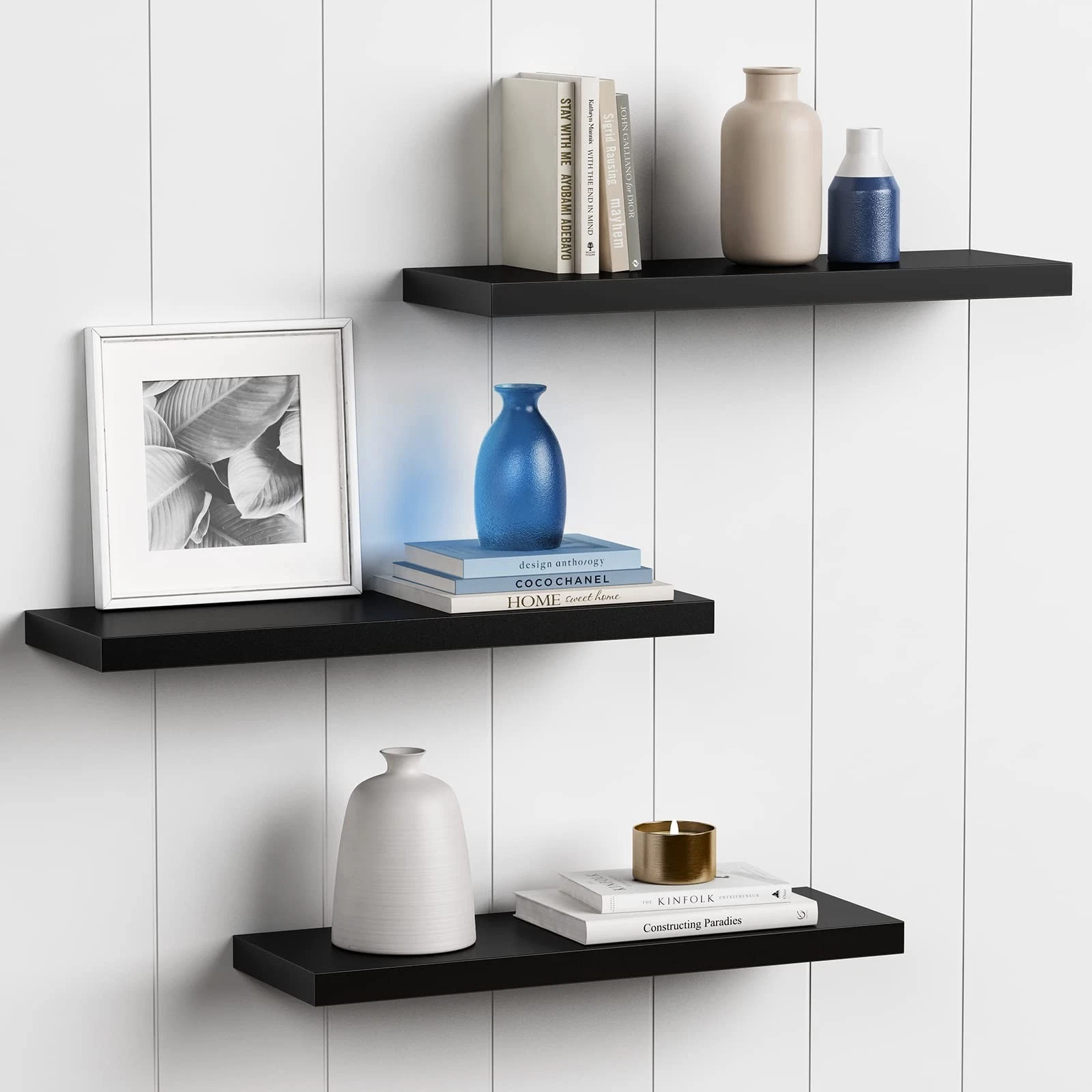 3 PCS 24 Inch Long Black Floating Shelves Wall Large Decor Bedroom Books