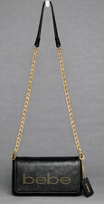 BEBE Naomi Saffiano Crossbody Wallet Purse Black Gold Chain Perforated Logo NWT