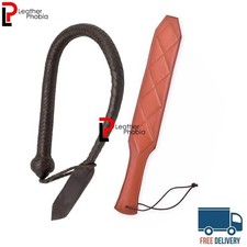 2 Pack Genuine Leather BDSM Set 3FT Tail 16 Plait Cowhide Spanking Paddle