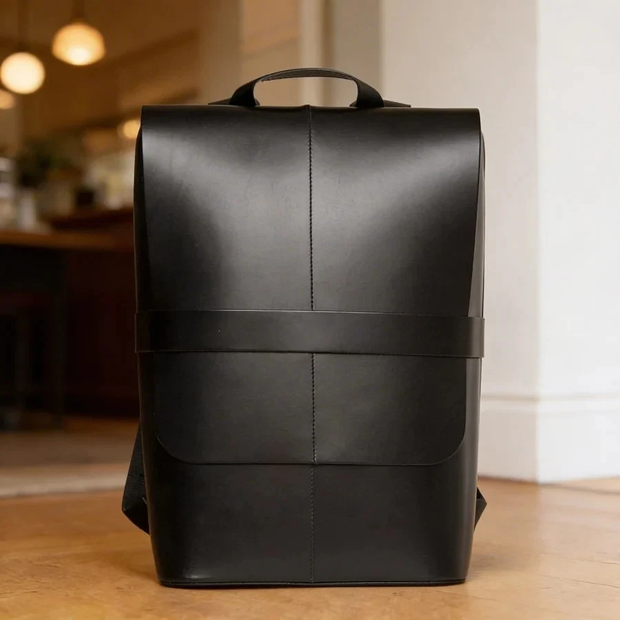 Luxury Full Grain Black Leather Backpack Minimalist Designer Travel Bag