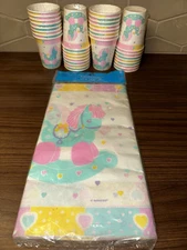 Amscan “Nursery Pony” Rocking Horse 9 Oz. Cups (32) & Paper Tablecloth Vintage