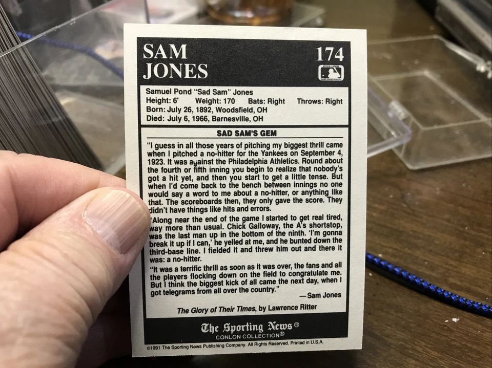 FREE SHIPPING-MINT-1991 The Sporting News Conlon Collection Sam Jones #174 - Image 2 of 2