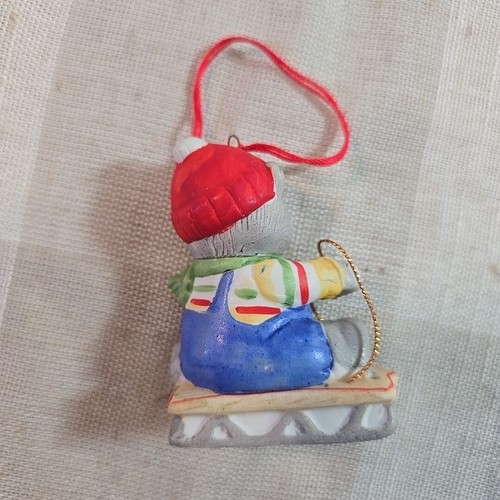 Vintage 1985 Kitty Cucumber Ceramic Ornament Happy Holidays Sleigh Schmid 2.75" - Picture 2 of 4