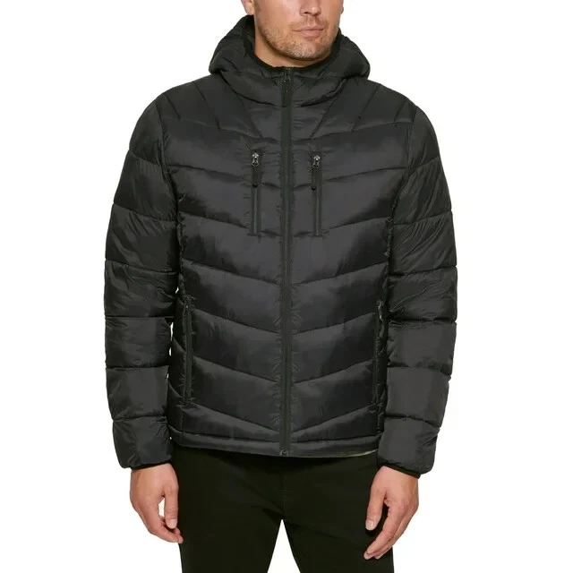 Club Room Men's Chevron Quilted Hooded Puffer Jacket Black MEDIUM