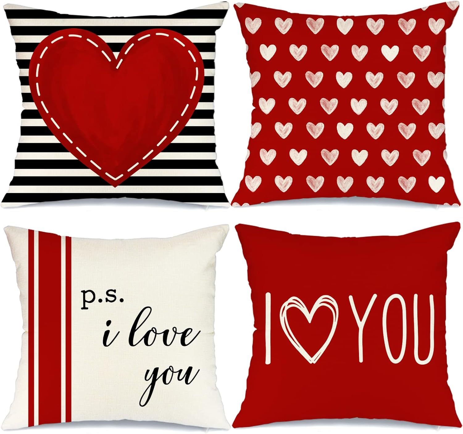 Valentines Day Pillow Covers Set of 4 - 18x18 Inch Red and Black Heart Decor