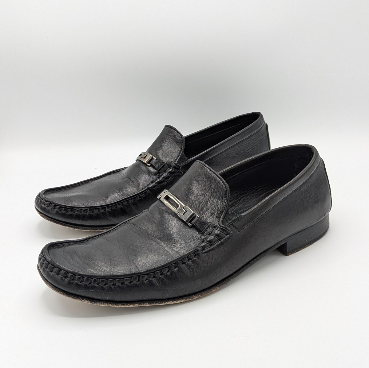 Broletto Loafers Black Leather Silver Strap Dress Shoes 