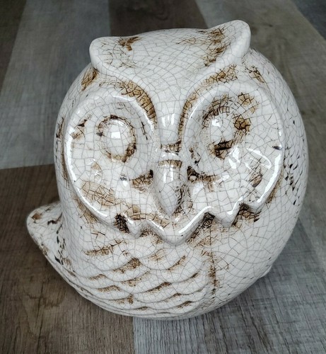 Ceramic Owl Figurine White & Brown Approximately 7" x8" New - Picture 4 of 9