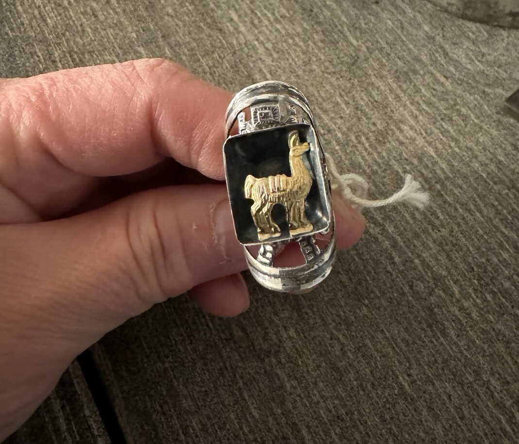 Adjustable 18k Yellow Gold Lama Llama Sterling Silver Ring Bird Lion Head Carve