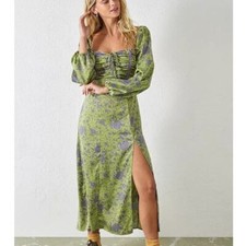 Urban Outfitters UO Kitty Floral Print Puff Sleeve Ruched Bodice Midi Dress XS