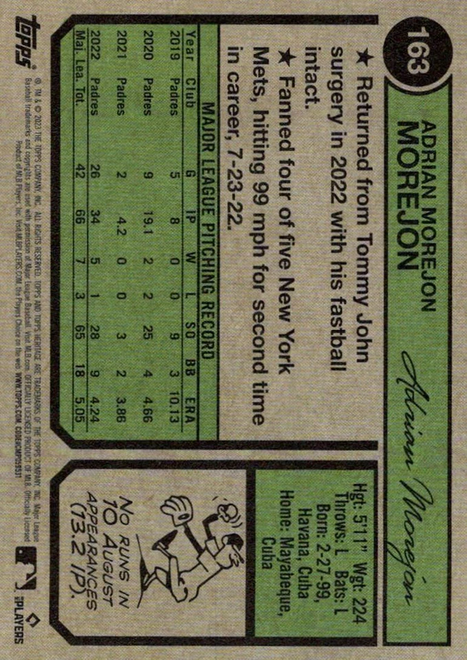 2023 Topps Heritage Adrian Morejon San Diego Padres #163 - Image 2 of 2