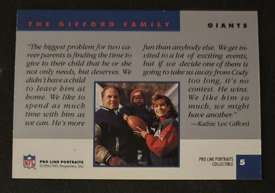 1992 Pro Line Portraits Frank & Kathie Lee Gifford Family Collectible #5 Giants - Image 2 of 2