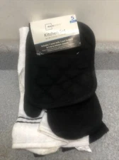 MAINSTAYS Kitchen Five Piece Set Brown stone towels, Oven Mitt, Pot Holders.