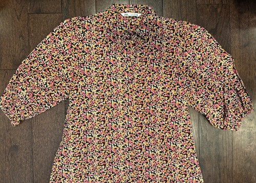 ZARA Micro Floral Print Balloon Sleeve Oversize Shirt Dress Black Pink Sz S - Picture 2 of 6