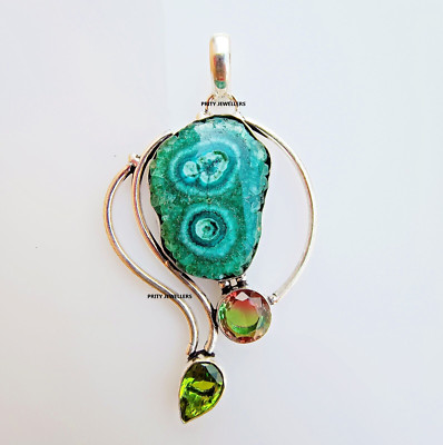 Green Solar Quartz Druzy With Peridot 925 Sterling Silver Large Handmade Pendent