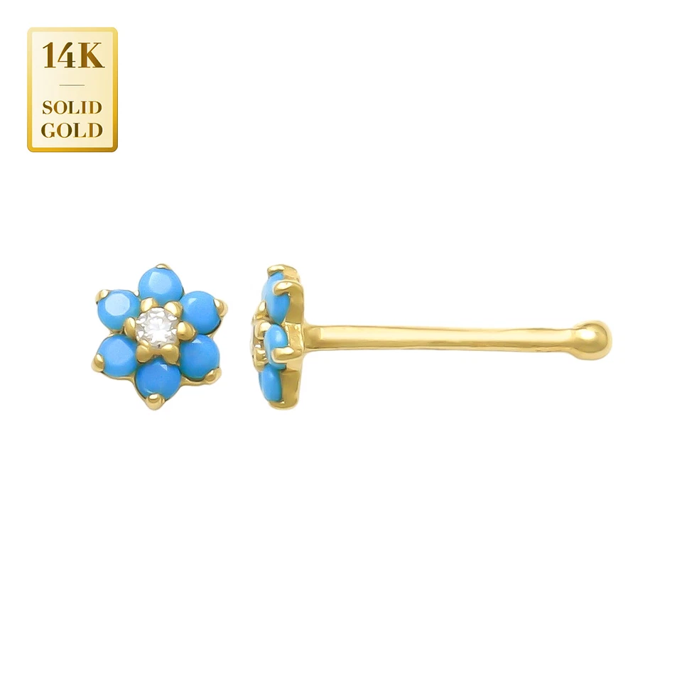 Unisex 14K REAL Oro Sólido Floral Delicado Pequeño Turquesa Nariz Hueso Anillo 22G Foto 3 de 3