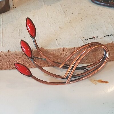  Renoir Matisse Copper  Orientale Brooch Signed Rare Red Color Signed