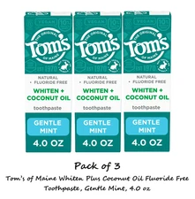 3 x Tom’s of Maine Whiten Plus Coconut Oil Fluoride Free Toothpaste, Gentle Mint