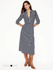 Boden Imogen Collared Jersey Dress French Navy Ivory Stripe Wrap Midi Dress 6R