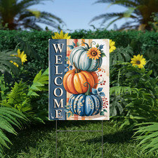 Welcome Yard Sign Blue Pumpkin Fall Outdoor Decor Autumn Garden Display